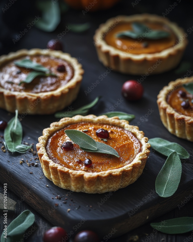 Delicious pumpkin tarts with sage and cranberries on a rustic wooden board. Delicious pumpkin tarts with sage and cranberries on a rustic wooden board.