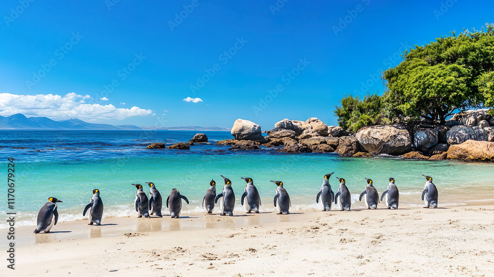 Obraz premium A group of Penguins at Boulders Beach in Simons Town, Cape Town, South Africa. Beautiful penguins. Colony of African penguins on a rocky beach in South Africa Western Cape