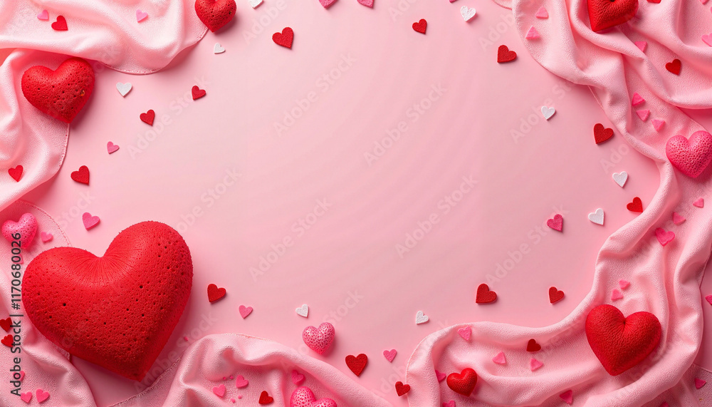 Obraz premium Romantic Pink and Red Hearts with Soft Textiles on a Vibrant Pink Background