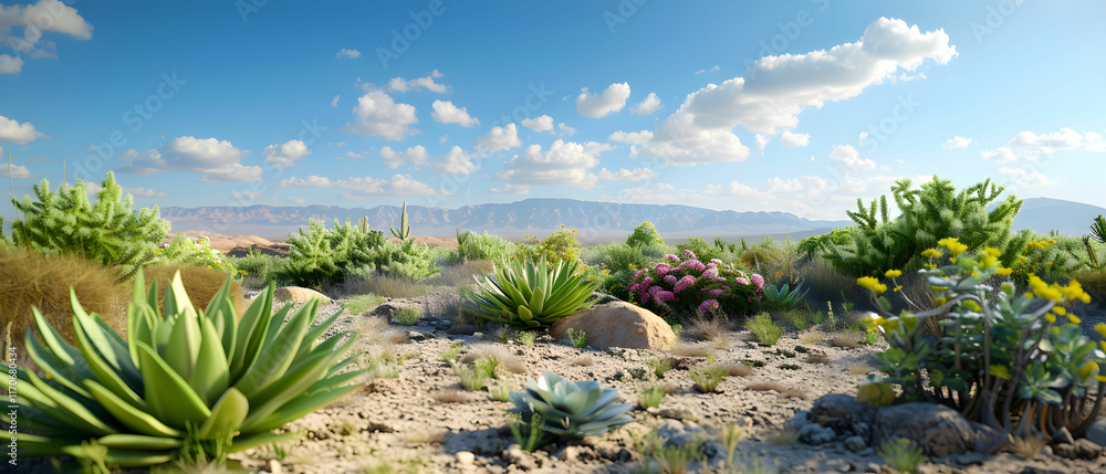 Vibrant Desert Landscape with Diverse Succulents and Desert Flora Under a Clear Blue Sky Vibrant Desert Landscape with Diverse Succulents and Desert Flora Under a Clear Blue Sky