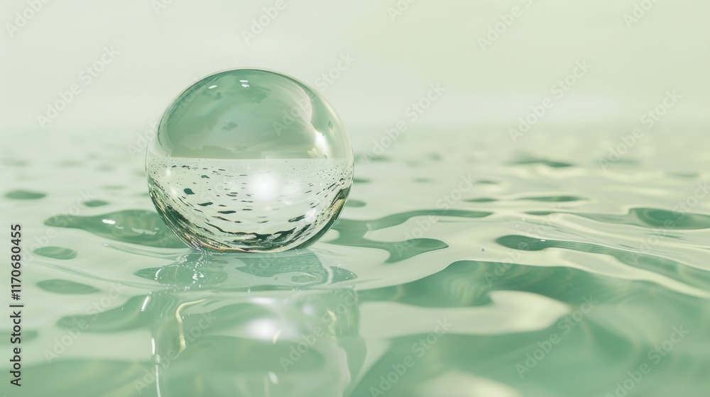 Subtle reflections dance on the surface of a water bubble, set against a backdrop of calming shades of mint green and pale yellow. Subtle reflections dance on the surface of a water bubble, set against a backdrop of calming shades of mint green and pale yellow.