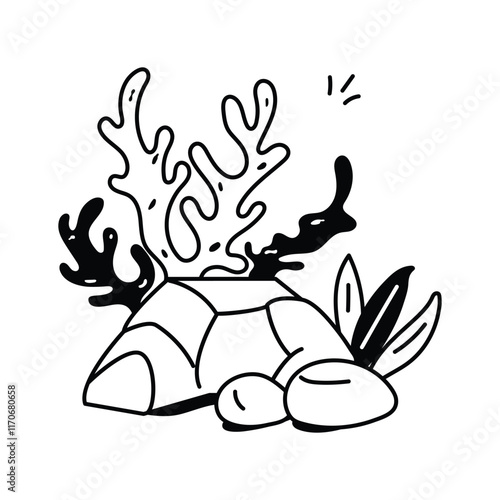 Stylized icon of coral reef with underwater plants and rocks