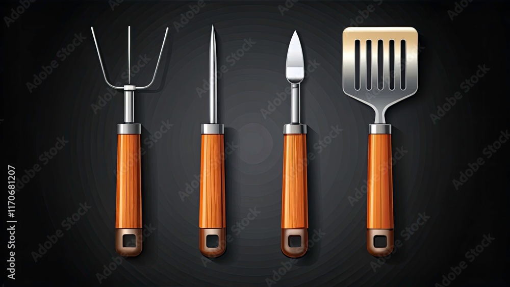 Fototapeta premium Minimalist Barbecue Grill Tools Set Vector Illustration for Restaurant Menu and Butcher Shop Branding on Black Background