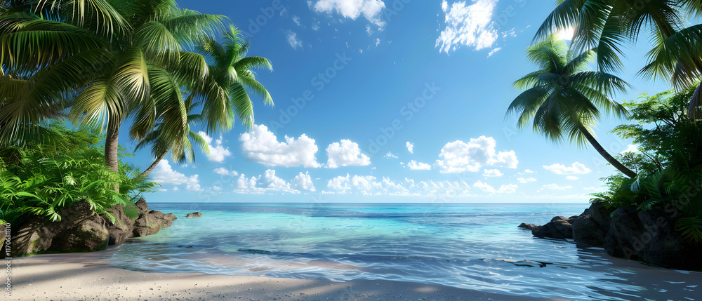 Tranquil Tropical Beach with Palm Trees and Clear Blue Water Under Bright Sky and Fluffy Clouds Tranquil Tropical Beach with Palm Trees and Clear Blue Water Under Bright Sky and Fluffy Clouds