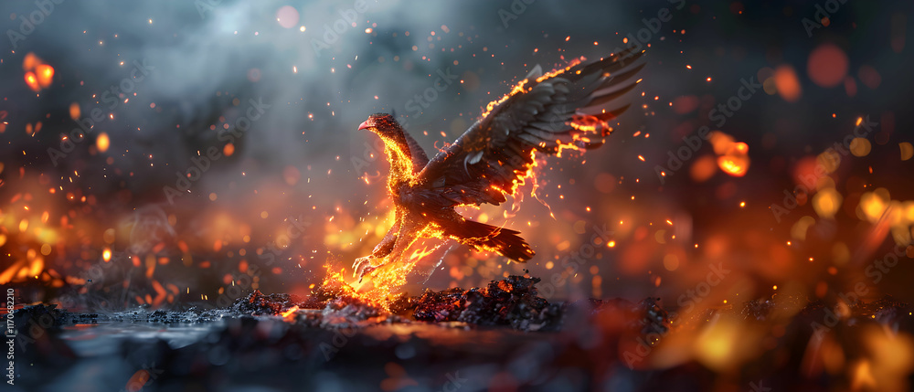 Majestic Phoenix Rising from Fiery Ashes with Flames Illuminating the Dark Atmospheric Background Majestic Phoenix Rising from Fiery Ashes with Flames Illuminating the Dark Atmospheric Background