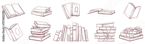 Set of sketch vector illustration of stack of books, standing books, open book.