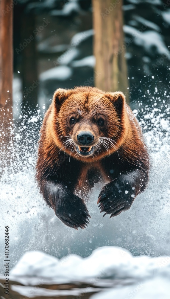 Fototapeta premium A bear leaps through snowy terrain, showcasing its power and agility in a natural setting.