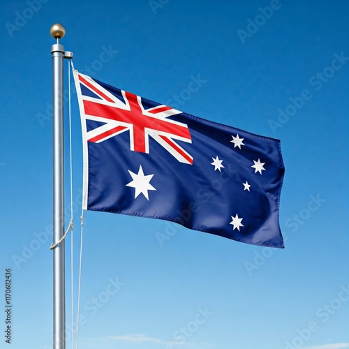 national flag of australia waving against blue sky, official flag of the nation, blowing in the wind
