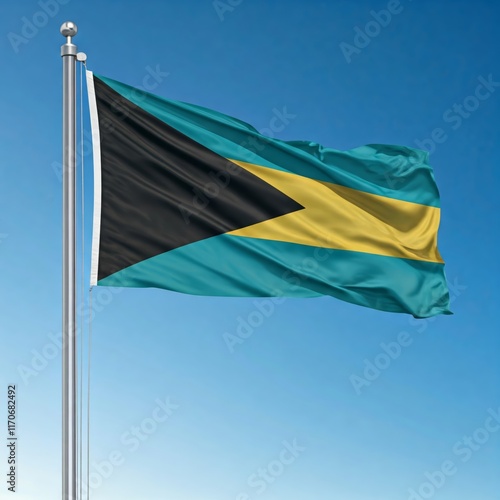 national flag of bahamas waving against blue sky, official flag of the nation, blowing in the wind
