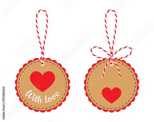 Set of blank round tag, label with bow, ribbon, heart. Kraft paper background, for gift tied up with cotton red rope bakers twine. Packing string for present for Valentine's day. Isolated vector EPS10