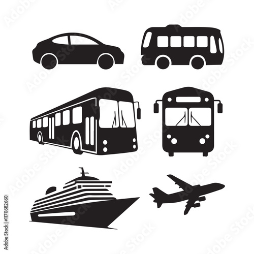A collection of black silhouette vector graphics representing different modes of transportation.
