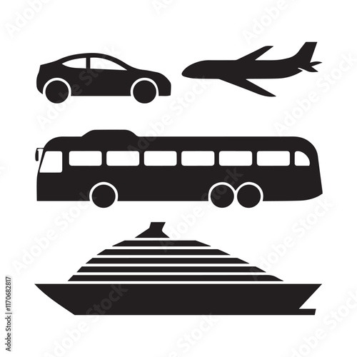A collection of black silhouette vector graphics representing different modes of transportation.
