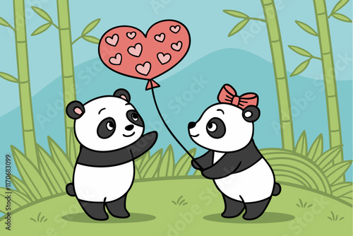 Pandemic of Love: Two Pandas Holding Hands with a Heart-Shaped Balloon and Bamboo of Love photo