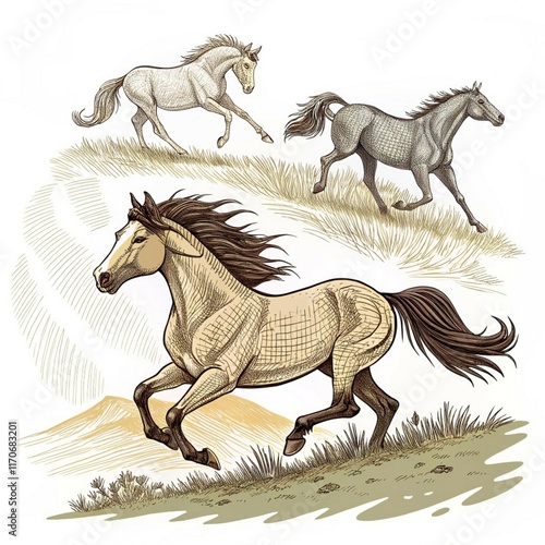 Sketch horses set. Wild horse engraving engraving, run mustang or mare equine race retro vintage hand drawn art equestrian mammal animal vector illustration photo