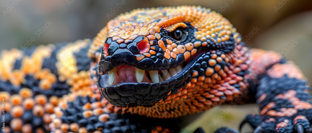 Fototapeta premium Vibrant and Colorful Close-Up of a Unique Scaly Reptile with Intricate Patterns and Textures on its Skin