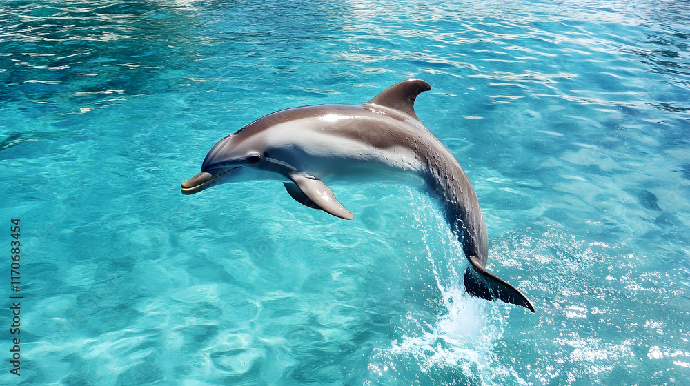 Obraz premium A happy dolphin jumping high above the crystal clear water.