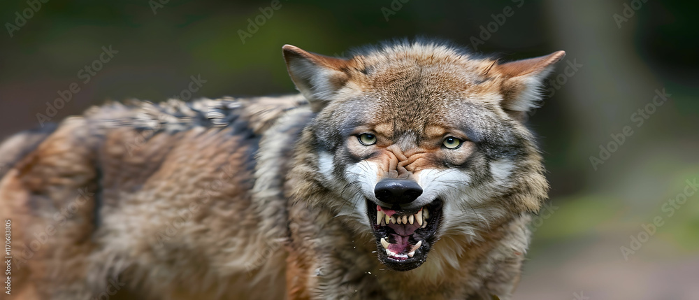 Fototapeta premium Aggressive Wild Wolf Displaying Teeth in Natural Habitat During Daylight Hours