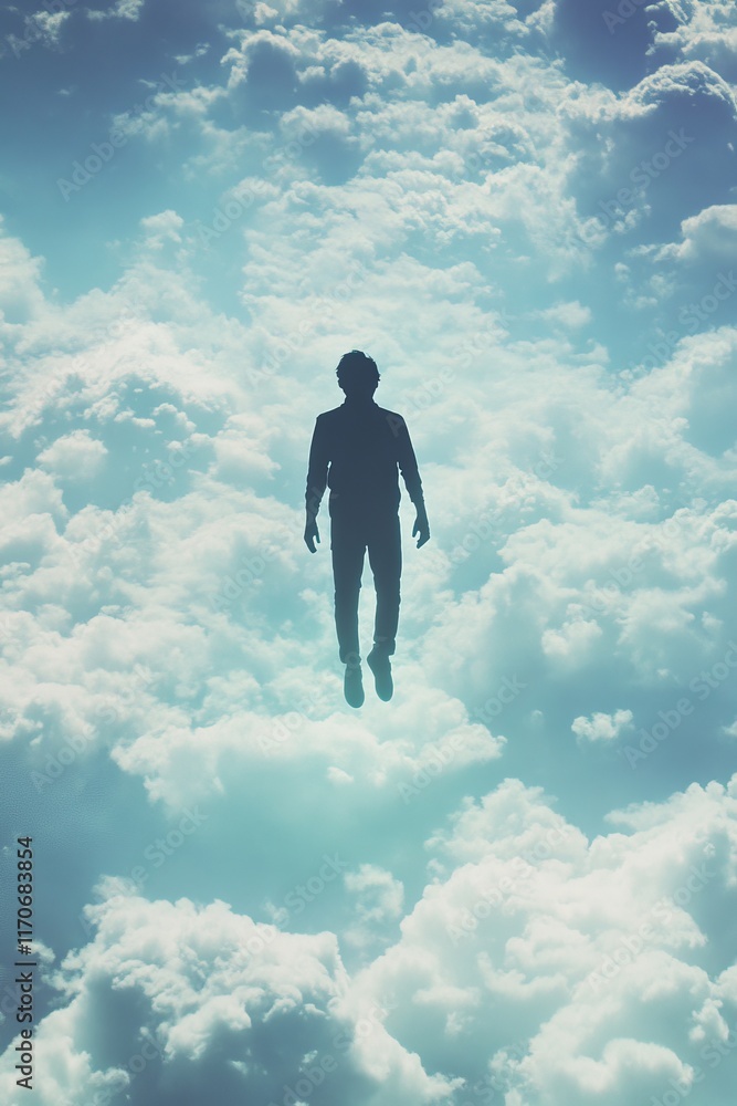 Person Floating Above Clouds in a Dreamlike Sky Atmosphere Person Floating Above Clouds in a Dreamlike Sky Atmosphere