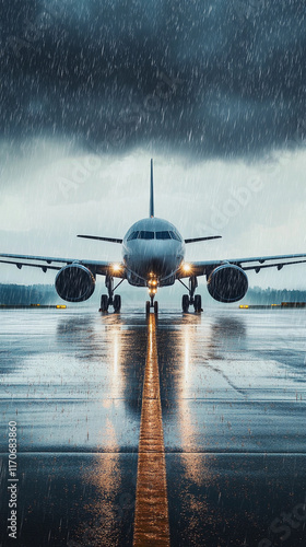 Airplane on the runway during rain with dramatic sky and reflections. Generative AI photo