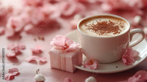 A close-up photo of an full designed maximal luxury table with Valentine's Day elements as the background, coffee with careem design, a small gift box, designed napkin, little swans, minimalist style photo