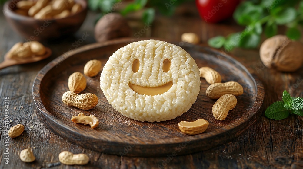 Smiling rice cake with peanut butter, peanuts, wood background, healthy snack Smiling rice cake with peanut butter, peanuts, wood background, healthy snack