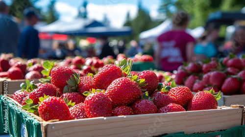 Vibrant Strawberries in Sunlit French Canadian Farmer's Market Closeup photo