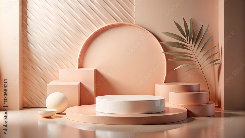 Fototapeta premium Minimalist Peach and Cream Geometric Background with Podium for Product Display in Drone Photography Style