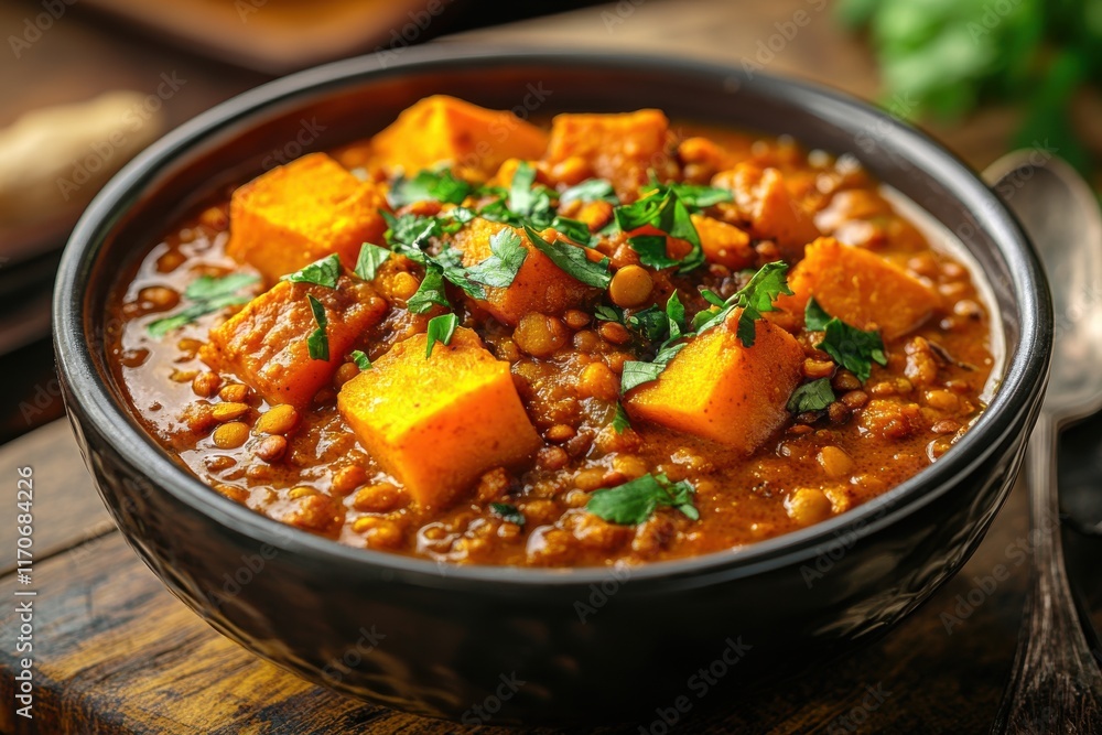 A vibrant bowl of lentil and pumpkin stew, garnished with fresh herbs, showcasing a rich, warm dish. A vibrant bowl of lentil and pumpkin stew, garnished with fresh herbs, showcasing a rich, warm dish.