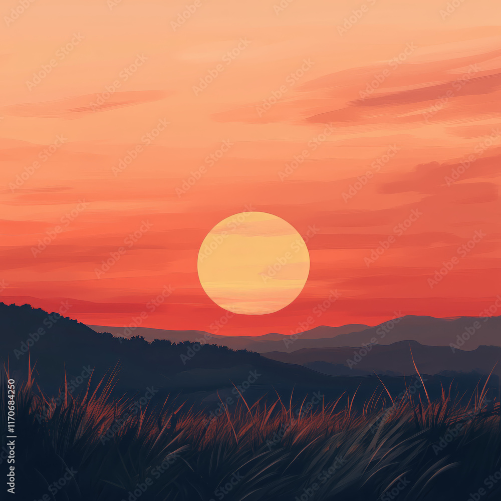 A serene sunset scene with vibrant orange and red hues, a large sun over a calm water surface, and a solitary figure. Ideal for themes of solitude, nature, and tranquility A serene sunset scene with vibrant orange and red hues, a large sun over a calm water surface, and a solitary figure. Ideal for themes of solitude, nature, and tranquility