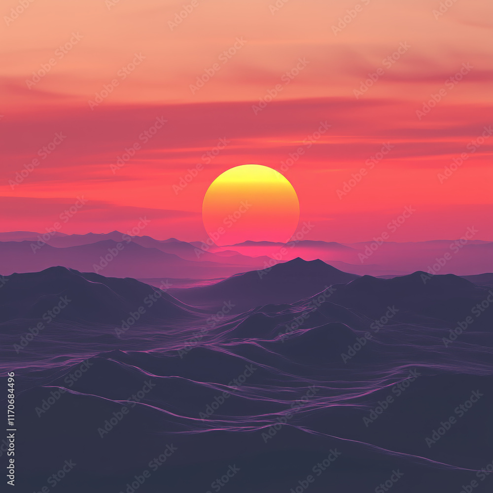 A serene sunset scene with vibrant orange and red hues, a large sun over a calm water surface, and a solitary figure. Ideal for themes of solitude, nature, and tranquility A serene sunset scene with vibrant orange and red hues, a large sun over a calm water surface, and a solitary figure. Ideal for themes of solitude, nature, and tranquility