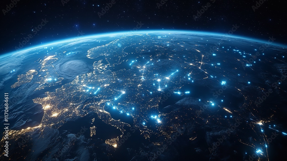 Obraz premium Global Network Connections Earth Night Lights Digital Art Image map data blue dark view world lines 