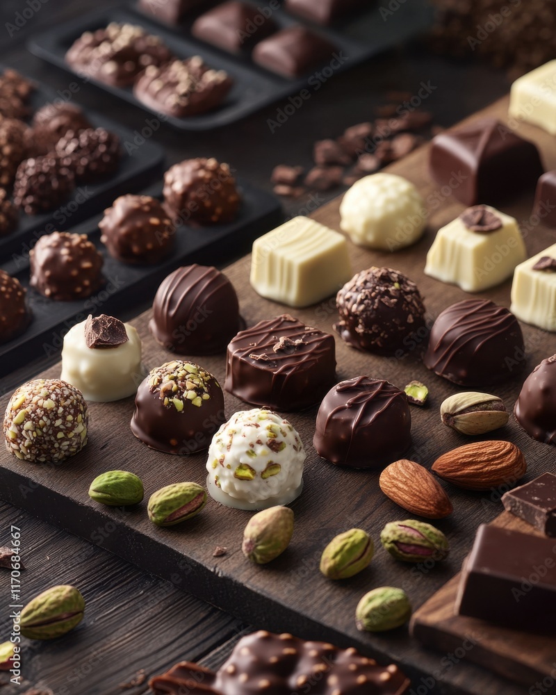 An enticing assortment of gourmet chocolates with nuts, perfect for indulgence and celebrations. An enticing assortment of gourmet chocolates with nuts, perfect for indulgence and celebrations.