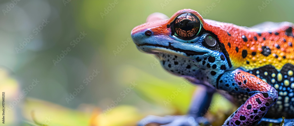 Fototapeta premium Vibrant Close-up of Colorful Frog on Green Leaves in Natural Habitat with Detailed Skin Patterns and Textures
