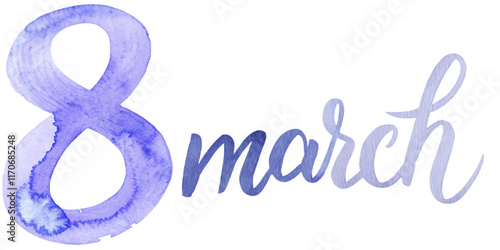 Watercolor design, March 8, International Women's Day, elegant typography, purple hues, celebration, feminine art.