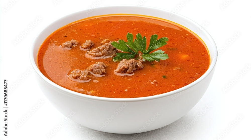 Bowl of hearty beef soup with parsley garnish, isolated on white. Bowl of hearty beef soup with parsley garnish, isolated on white.