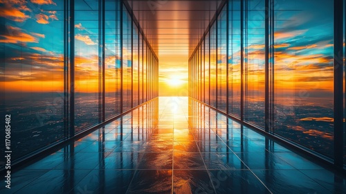 Sunset view through glass corridor.