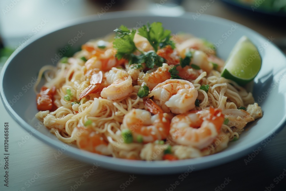 A delicious bowl of shrimp stir-fried noodles garnished with lime and cilantro. A delicious bowl of shrimp stir-fried noodles garnished with lime and cilantro.