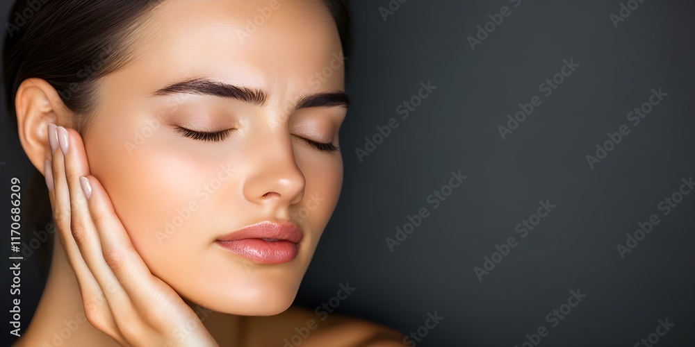 A close-up of a woman with closed eyes, gently touching her face, exuding a calm and serene expression. Concept Close-Up Portrait, Serene Expression, Gentle Touch, Calm Atmosphere, Introspective Mood A close-up of a woman with closed eyes, gently touching her face, exuding a calm and serene expression. Concept Close-Up Portrait, Serene Expression, Gentle Touch, Calm Atmosphere, Introspective Mood