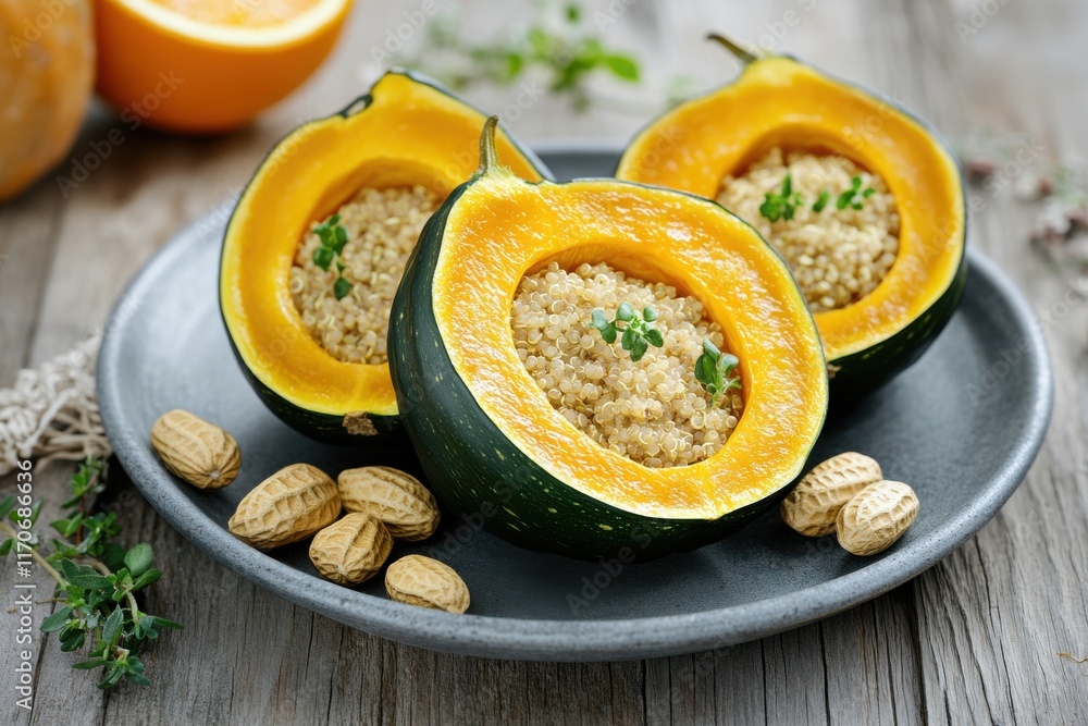 Three halved acorn squashes filled with quinoa and garnished with fresh herbs on a rustic plate. Three halved acorn squashes filled with quinoa and garnished with fresh herbs on a rustic plate.