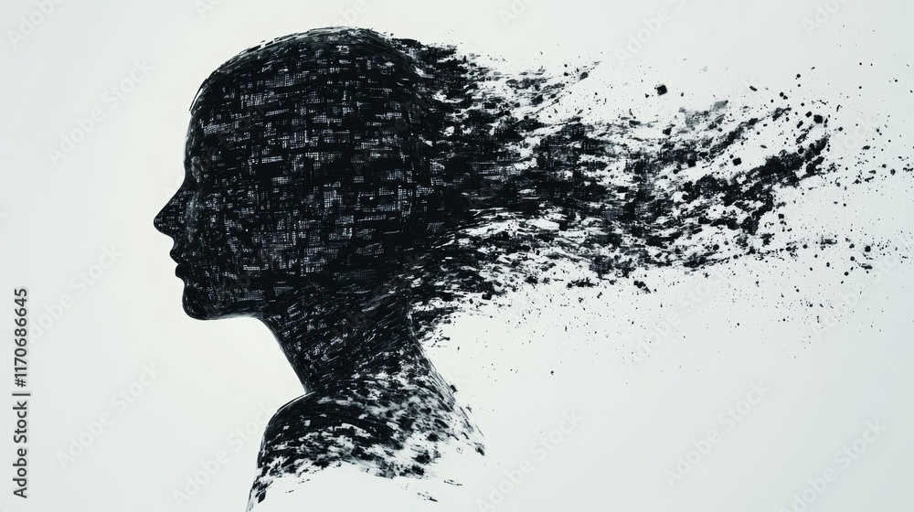 Abstract Portrait of a Woman with Flowing Hair Made of Ink and Urban Elements