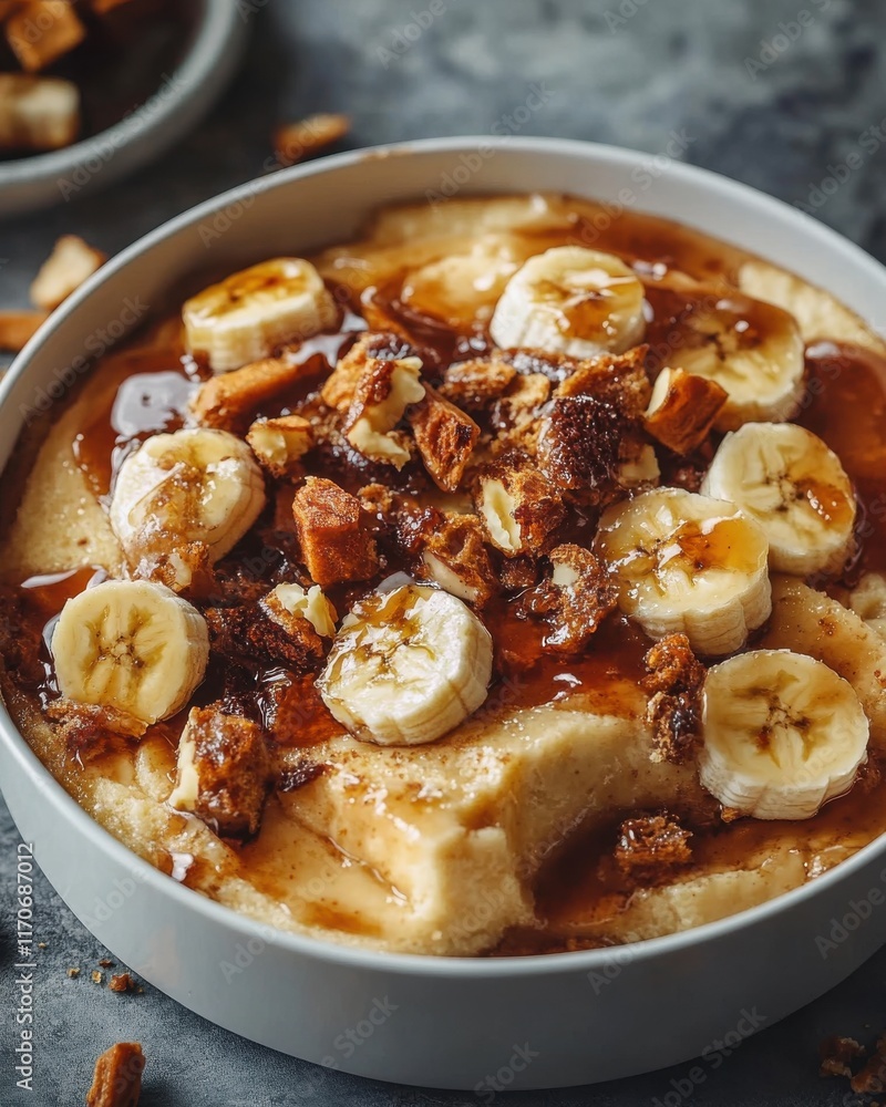 Delicious dessert bowl featuring creamy pudding topped with sliced bananas, crunchy nuts, and rich syrup. Delicious dessert bowl featuring creamy pudding topped with sliced bananas, crunchy nuts, and rich syrup.