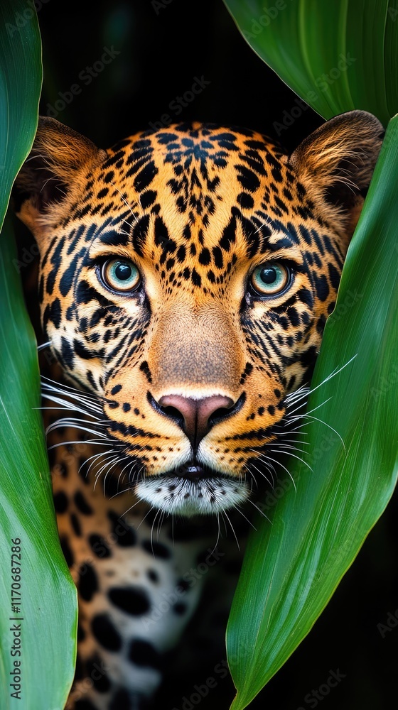Obraz premium A close-up of a jaguar's face peering through lush green leaves.