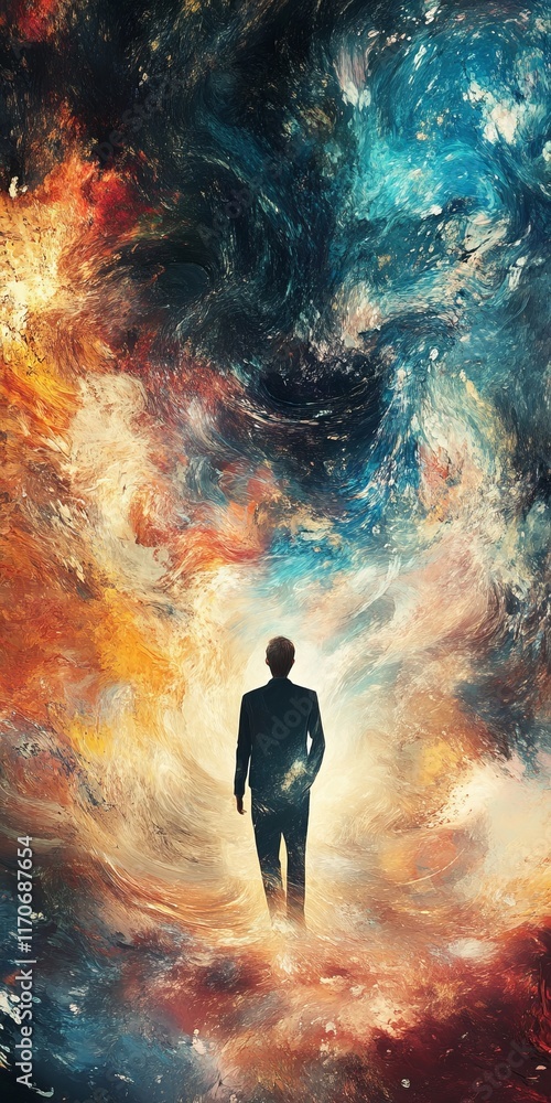Fototapeta premium Abstract Person Standing in Colorful Cosmic Swirl Background