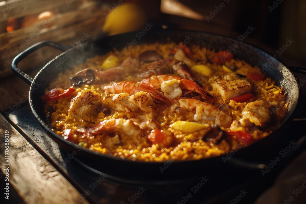 A vibrant seafood paella in a cast iron pan, capturing the rich colors and textures of the dish. A vibrant seafood paella in a cast iron pan, capturing the rich colors and textures of the dish.
