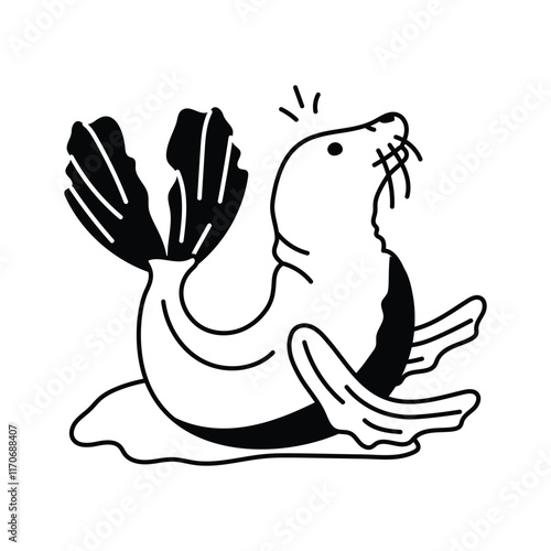 A stylized, black and white line drawing of a playful fur seal