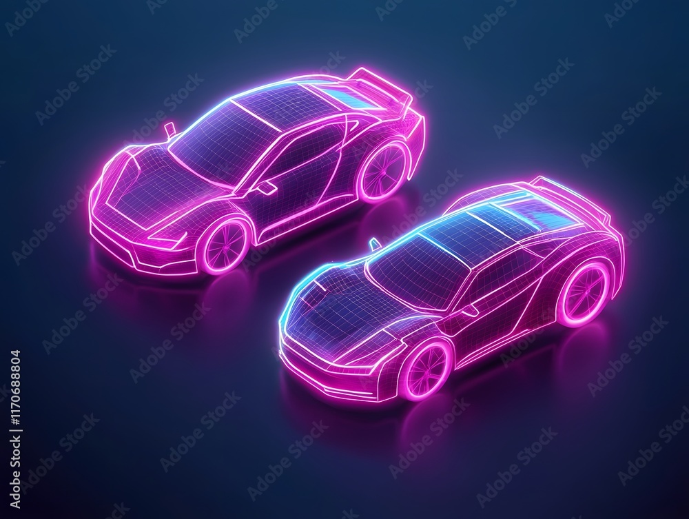 Naklejka premium Radiant Cosmic Holographic Retro Vehicles Glowing in Futuristic Digital