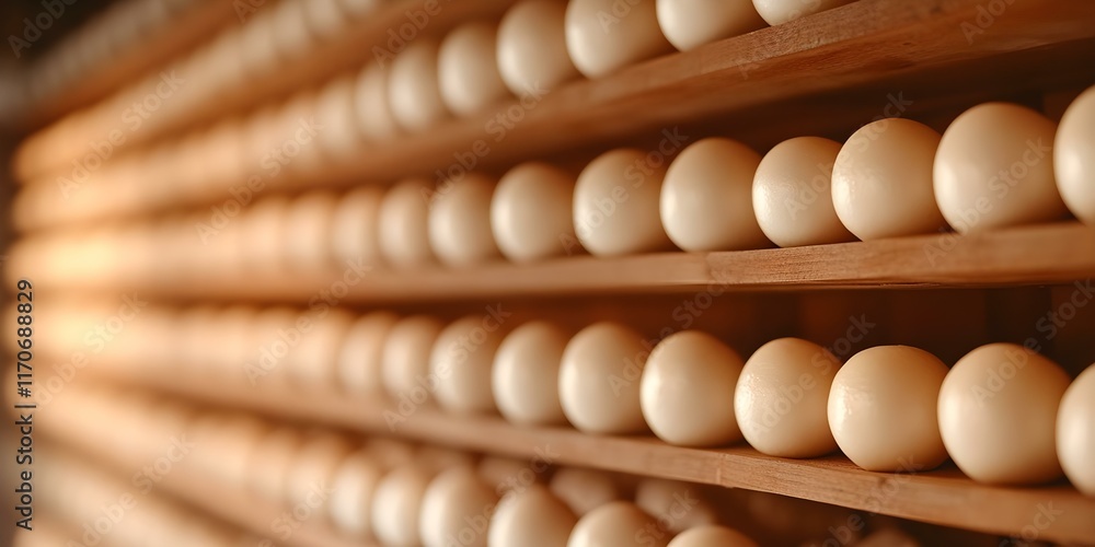 A series of neatly arranged white eggs on wooden shelves, creating a symmetrical and organized appearance. Concept White Eggs Arrangement, Wooden Shelves, Symmetrical Display, Organized Aesthetics A series of neatly arranged white eggs on wooden shelves, creating a symmetrical and organized appearance. Concept White Eggs Arrangement, Wooden Shelves, Symmetrical Display, Organized Aesthetics