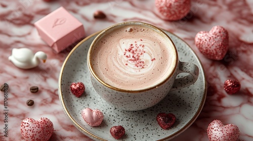 A close-up photo of an full designed maximal luxury table with Valentine's Day elements as the background, coffee with careem design, a small gift box, designed napkin, little swans, minimalist style photo