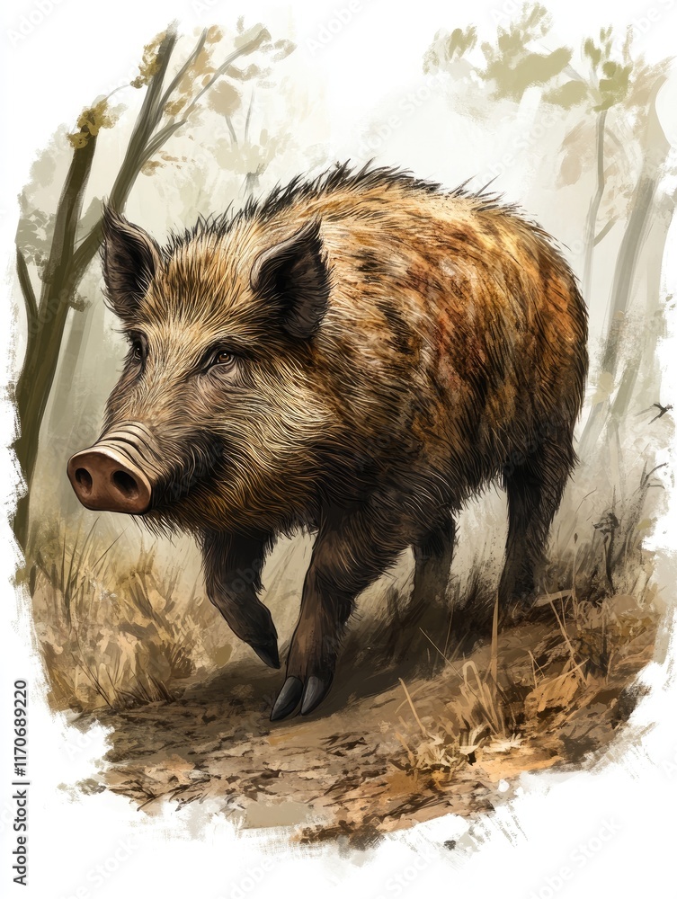 A detailed illustration of a wild boar running through a forested area. A detailed illustration of a wild boar running through a forested area.
