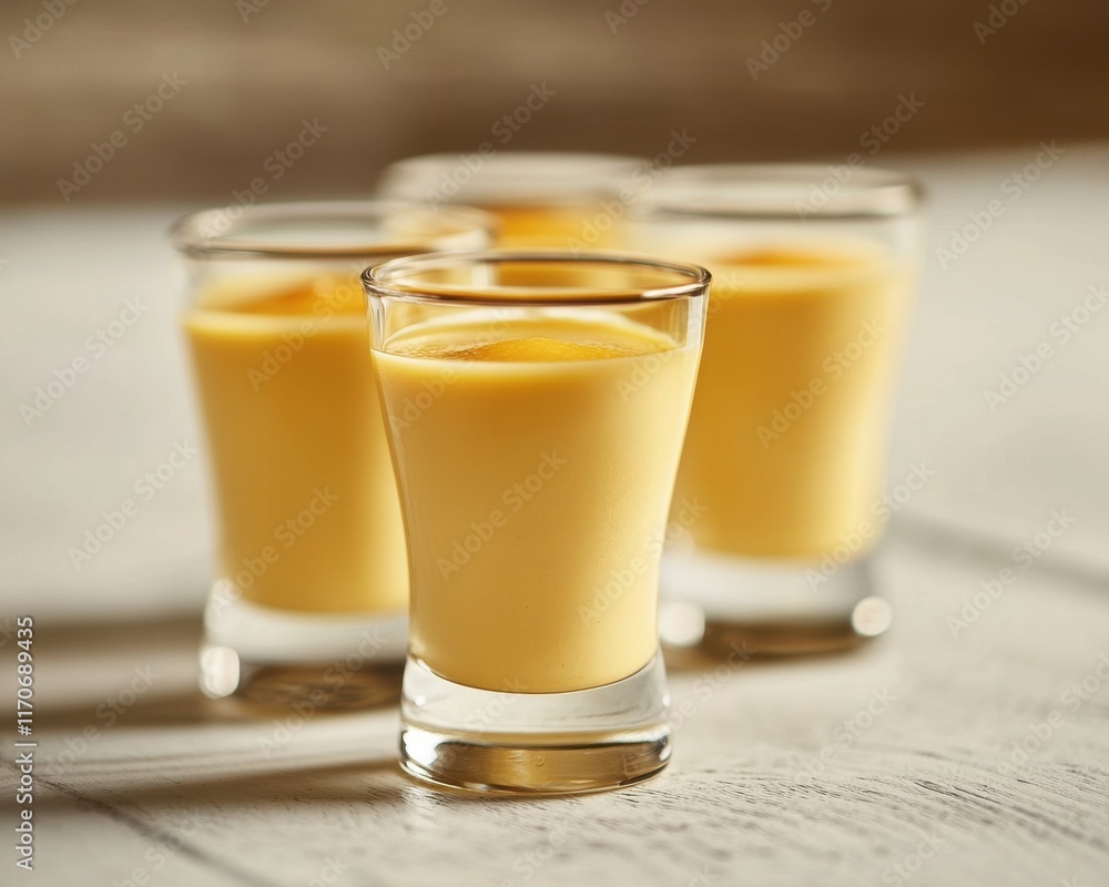 Four glasses of vibrant yellow drinks arranged on a rustic wooden table. Four glasses of vibrant yellow drinks arranged on a rustic wooden table.